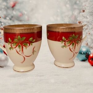 Mikasa Palatial Holly Mug Coffee Tea Cup Holly and  Red Ribbon set 2 Christmas